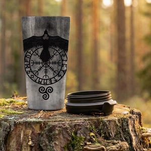 Runic Raven Stainless Steel Travel Mug: Norse Pagan Viking Symbol