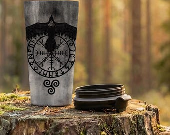 Runic Raven Stainless Steel Travel Mug: Norse Pagan Viking Symbol