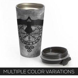Runic Raven Stainless Steel Travel Mug With Black Plastic Lid, Viking Symbol, Norse Pagan, Insulated For Hot Or Cold Beverages, 15oz