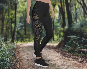 Gold, Gray & Black Runic Vegvisir Leggings, Viking Compass, Elder Futhark Runes, Norse Pagan Symbols, Icelandic Design, 4-Way Stretch