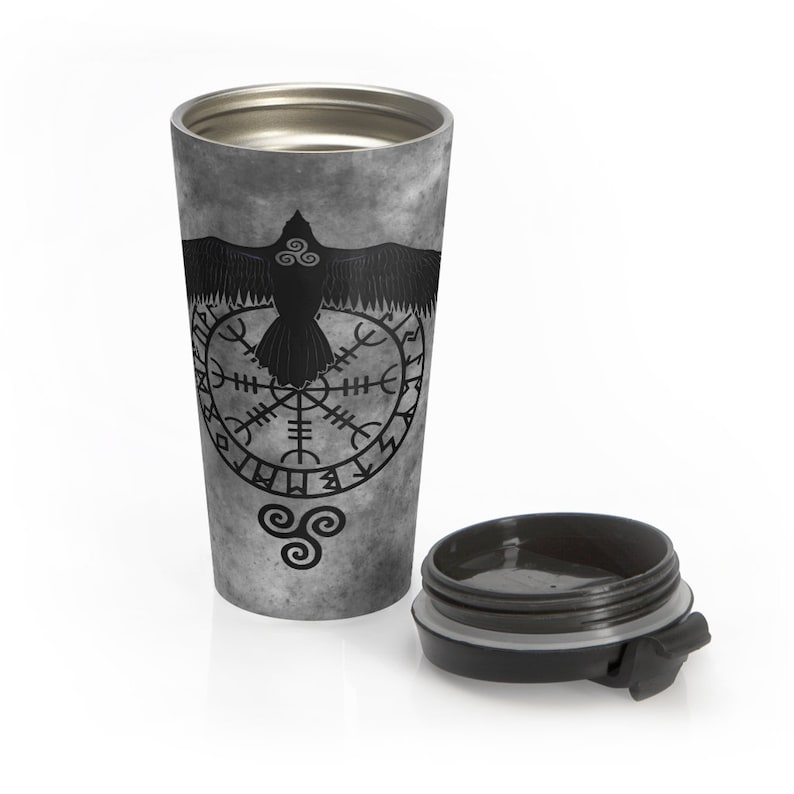 Runic Raven Stainless Steel Travel Mug With Black Plastic Lid, Viking Symbol, Norse Pagan, Insulated For Hot Or Cold Beverages, 15oz