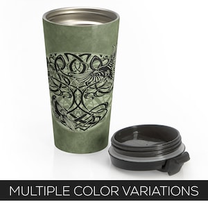 Yggdrasil Ravens Stainless Steel Travel Mug With Black Plastic Lid, Viking Tree Of Life, Insulated For Hot Or Cold Beverages, 15oz