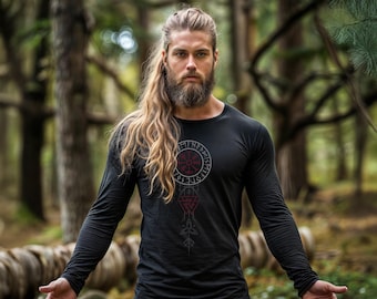 Red Runic Vegvisir Long Sleeve T-Shirt, Viking Norse Symbol Tee