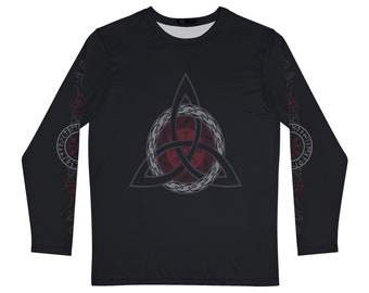 Red Triquetra Vegvisir Long Sleeve Black Shirt, Viking Compass Norse Pagan Design On Both Sleeves, Celtic Knot, Valknut, Viking Runes