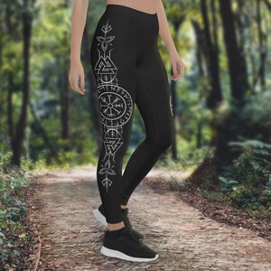 White & Black Runic Vegvisir Leggings, Viking Compass, Elder Futhark Runes, Norse Pagan Lore, 4-Way Stretch, Fitness Wear, Yoga Wear
