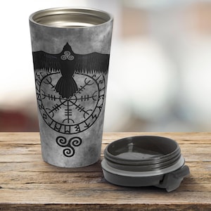 Runic Raven Stainless Steel Travel Mug: Norse Pagan Viking Symbol