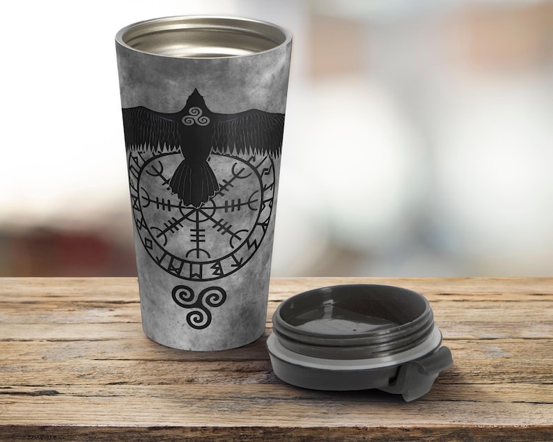 Runic Raven Stainless Steel Travel Mug: Norse Pagan Viking Symbol