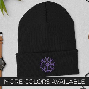 Purple Embroidered Vegvisir Cuffed Beanie, Viking Compass, Viking Symbol, Norse Symbol, Pagan Symbol, Unisex Headwear, Hypoallergenic