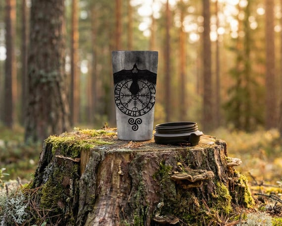 Runic Raven Stainless Steel Travel Mug: Norse Pagan Viking Symbol