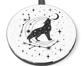White Celestial Wolf Wireless Charger, Cosmic Night Sky iPhone/Android Charger, Moon & Stars Cell Phone Pad, Spirit Animal Desk Accessory
