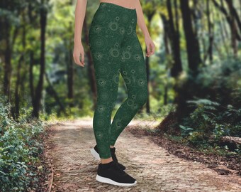 Green Celestial Leggings, Sun and Moon Pattern, Magical Wizard Microfiber 4-Way Stretch Pants, Fitness wear, Athleisure - XS-XL