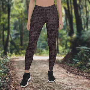 Maroon & Black Viking Runes Leggings, Norse Pagan Alphabet, Elder Futhark Runes, Scandinavian Lore, 4-Way Stretch, Fitness Wear, Yoga Wear