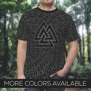 Valknut Spiral All Over Print Unisex Tee, Norse Pagan T-Shirt, Slain Warrior Knot, Black Or White - Printed, Cut & Handmade, Sizes S-3XL