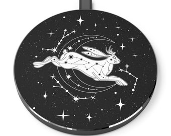 Black Celestial Jackalope Wireless Charger, Night Sky iPhone/Android Charger, Moon & Stars Cell Phone Pad, Bunny Rabbit Desk Accessory