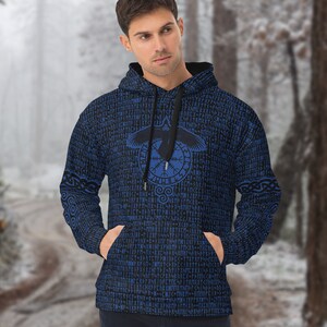 Blue Raven Elder Futhark Runes Unisex Hoodie - Norse Pagan Sweatshirt, Viking Apparel - XS-3XL Sizes - Handmade & Printed