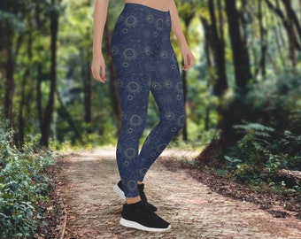 Blue Celestial Leggings, Sun and Moon Pattern, Magical Wizard Microfiber 4-Way Stretch Pants, Fitness wear, Athleisure - XS-XL