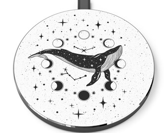 White Celestial Whale Wireless Charger, Night Sky iPhone/Android Charger, Moon & Stars Cell Phone Pad, Cosmic Sea Life Desk Accessory