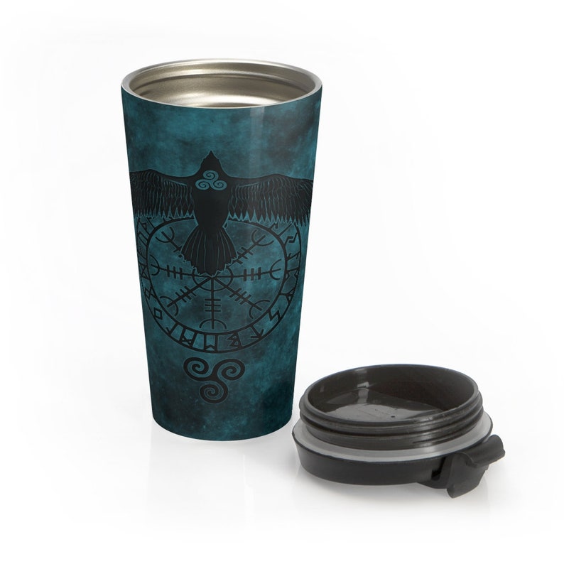 Runic Raven Stainless Steel Travel Mug With Black Plastic Lid, Viking Symbol, Norse Pagan, Insulated For Hot Or Cold Beverages, 15oz