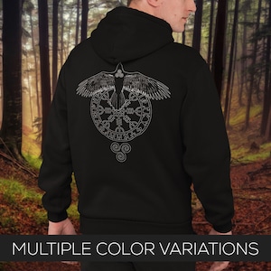 Black Runic Raven Unisex Heavy Blend Hooded Sweatshirt, Norse Pagan Viking Pullover Hoodie - Gildan 18500 - Back Print (No Front Print)
