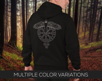 Zwarte Runic Raven Unisex Heavy Blend Sweatshirt met capuchon, Noorse Pagan Viking Pullover Hoodie - Gildan 18500 - Print op de achterkant (geen print op de voorkant)