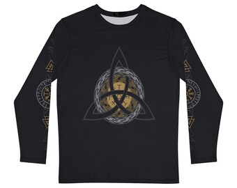 Gold Triquetra Vegvisir Long Sleeve Black Shirt, Viking Compass Norse Pagan Design On Both Sleeves, Celtic Knot, Valknut, Viking Runes