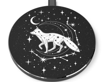 Black Celestial Fox Wireless Charger, Cosmic Night Sky iPhone/Android Charger, Moon & Stars Cell Phone Pad, Spirit Animal Desk Accessory