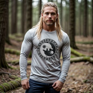 Gray Runic Wolf Yin-Yang Ultra Cotton Long Sleeve Tee, Norse Pagan, Viking Runes, Fenrir Elder Futhark Unisex T-Shirt - Gildan 2400
