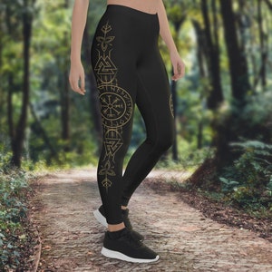 Gold & Black Runic Vegvisir Leggings, Viking Compass, Elder Futhark Runes, Norse Pagan Lore, 4-Way Stretch, Fitness Wear, Yoga Wear