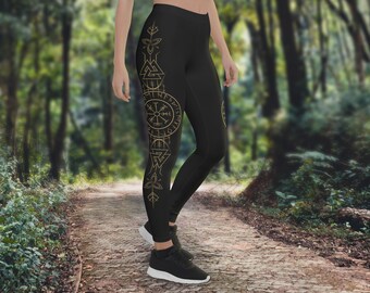 Gold & Black Runic Vegvisir Leggings, Viking Compass, Elder Futhark Runes, Norse Pagan Lore, 4-Way Stretch, Fitness Wear, Yoga Wear