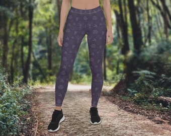 Purple Norse Symbols Leggings, Viking Leggins, Vegvisir, Valknut, Yggdrasil and Ravens Microfiber 4-Way Stretch Pants, Athleisure - XS-XL