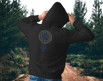Blue Runic Vegvisir Zip Hoodie: Norse Viking Compass Sweatshirt