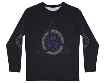 Purple Triquetra Vegvisir Long Sleeve Black Shirt, Viking Compass Norse Pagan Design On Both Sleeves, Celtic Knot, Valknut, Viking Runes