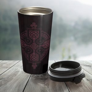 Maroon Celtic Cross Stainless Steel Travel Mug - Keltic Knot Coffee Tumbler