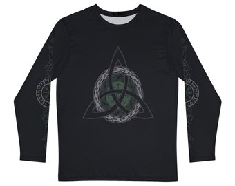 Green Triquetra Vegvisir Long Sleeve Black Shirt, Viking Compass Norse Pagan Design On Both Sleeves, Celtic Knot, Valknut, Viking Runes