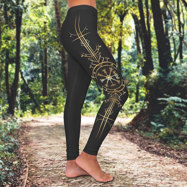 Black & Gold Vegvisir Women's Spandex Leggings, Norse Pagan, Viking Leggings, Skinny Fit, Durable And Stretchy Fabric - XS-2XL