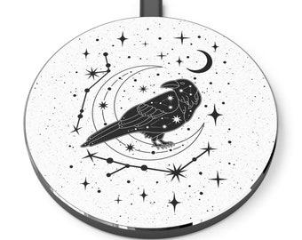 White Celestial Raven Wireless Charger, Cosmic Night Sky iPhone/Android Charger, Moon & Stars Cell Phone Pad, Spirit Animal Desk Accessory