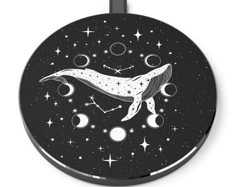 Black Celestial Whale Wireless Charger, Night Sky iPhone/Android Charger, Moon & Stars Cell Phone Pad, Cosmic Sea Life Desk Accessory