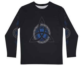 Blue Triquetra Vegvisir Long Sleeve Black Shirt, Viking Compass Norse Pagan Design On Both Sleeves, Celtic Knot, Valknut, Viking Runes
