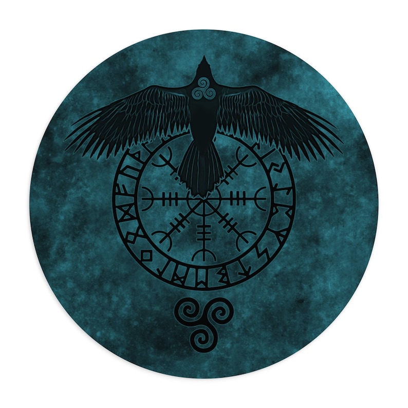 Runic Raven Round Computer Mouse Pad, Viking Symbol, Norse Pagan, Desk Accessory, Office Accessory, Neoprene Non-Slip Rubber Base