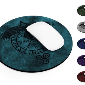 Runic Raven Round Computer Mouse Pad, Viking Symbol, Norse Pagan, Desk Accessory, Office Accessory, Neoprene Non-Slip Rubber Base