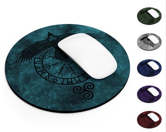 Runic Raven Round Computer Mouse Pad, Viking Symbol, Norse Pagan, Desk Accessory, Office Accessory, Neoprene Non-Slip Rubber Base