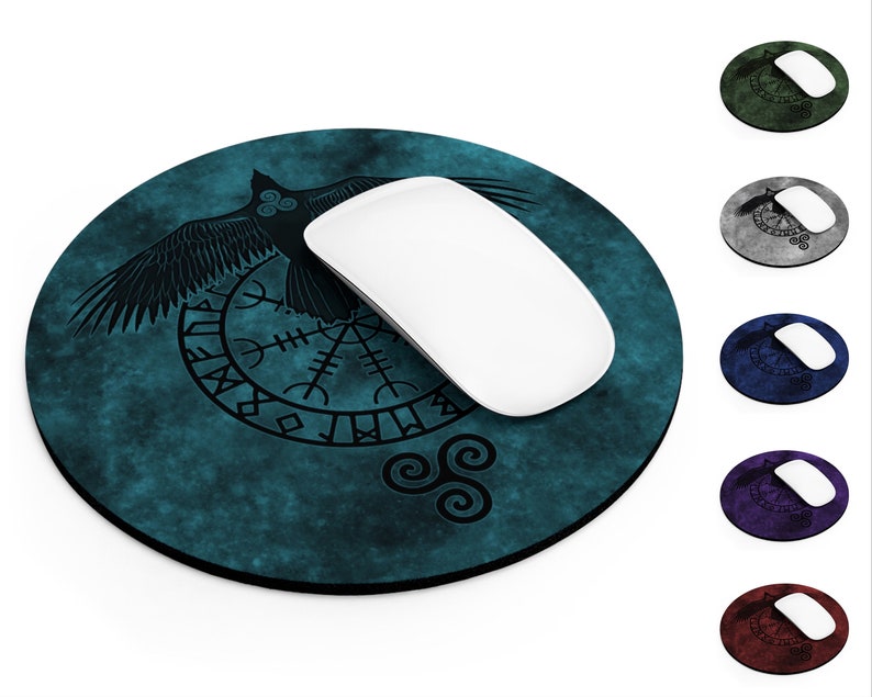 Runic Raven Round Computer Mouse Pad, Viking Symbol, Norse Pagan, Desk Accessory, Office Accessory, Neoprene Non-Slip Rubber Base