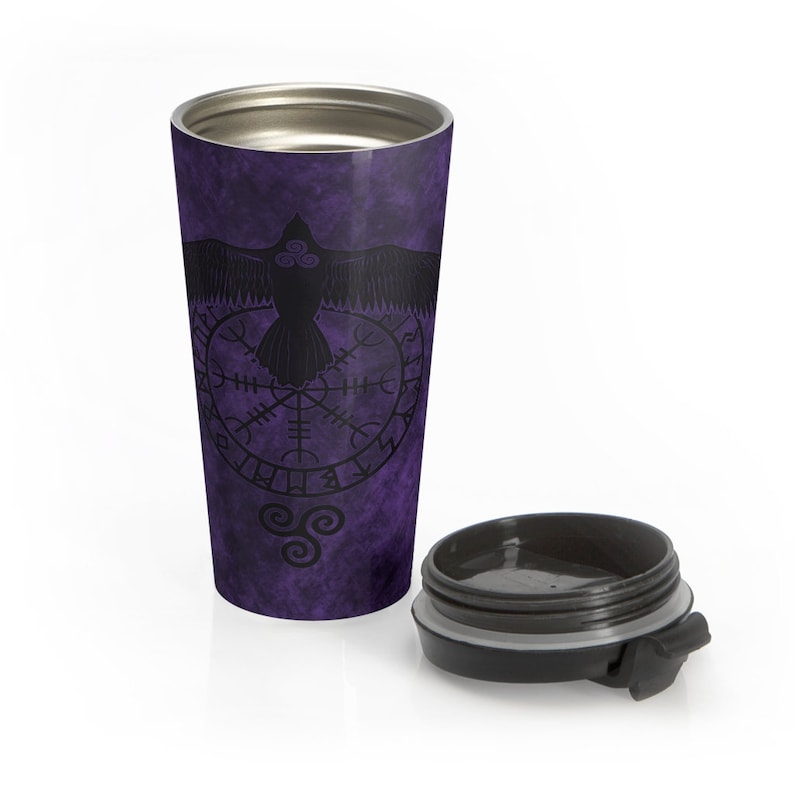 Runic Raven Stainless Steel Travel Mug With Black Plastic Lid, Viking Symbol, Norse Pagan, Insulated For Hot Or Cold Beverages, 15oz