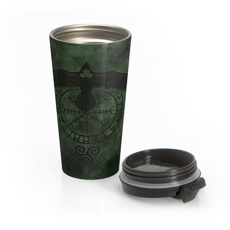 Runic Raven Stainless Steel Travel Mug With Black Plastic Lid, Viking Symbol, Norse Pagan, Insulated For Hot Or Cold Beverages, 15oz