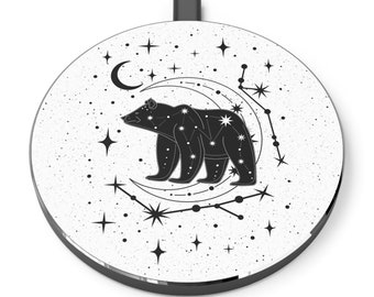 White Celestial Bear Wireless Charger, Cosmic Night Sky iPhone/Android Charger, Moon & Stars Cell Phone Pad, Spirit Animal Desk Accessory