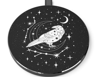 Black Celestial Raven Wireless Charger, Cosmic Night Sky iPhone/Android Charger, Moon & Stars Cell Phone Pad, Spirit Animal Desk Accessory