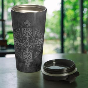 Gray Celtic Cross Stainless Steel Travel Mug - Keltic Knot Coffee Tumbler