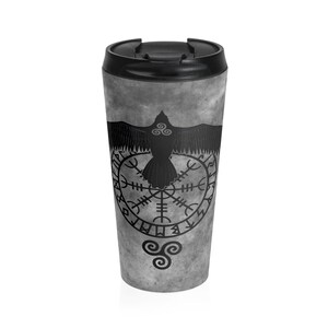 Runic Raven Stainless Steel Travel Mug With Black Plastic Lid, Viking Symbol, Norse Pagan, Insulated For Hot Or Cold Beverages, 15oz