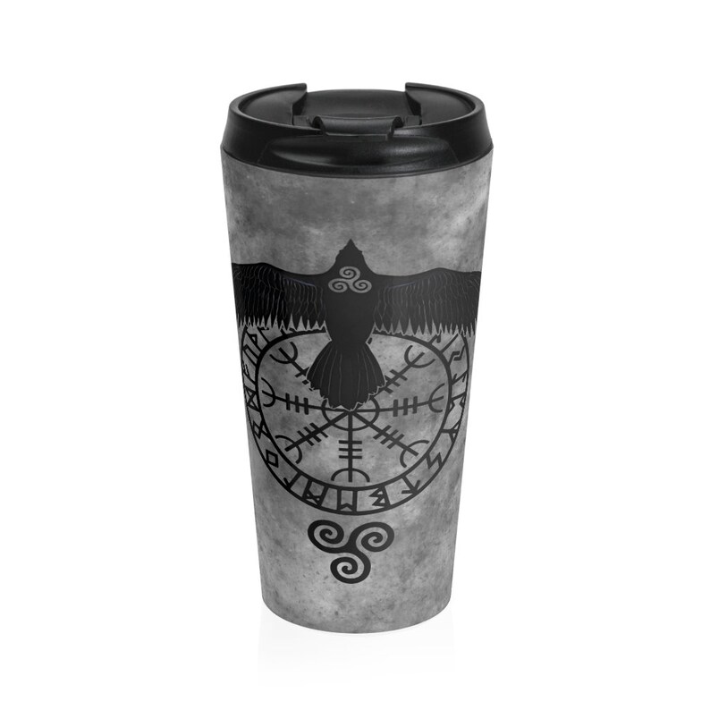 Runic Raven Stainless Steel Travel Mug With Black Plastic Lid, Viking Symbol, Norse Pagan, Insulated For Hot Or Cold Beverages, 15oz