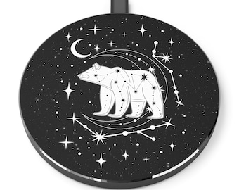 Black Celestial Bear Wireless Charger, Cosmic Night Sky iPhone/Android Charger, Moon & Stars Cell Phone Pad, Spirit Animal Desk Accessory